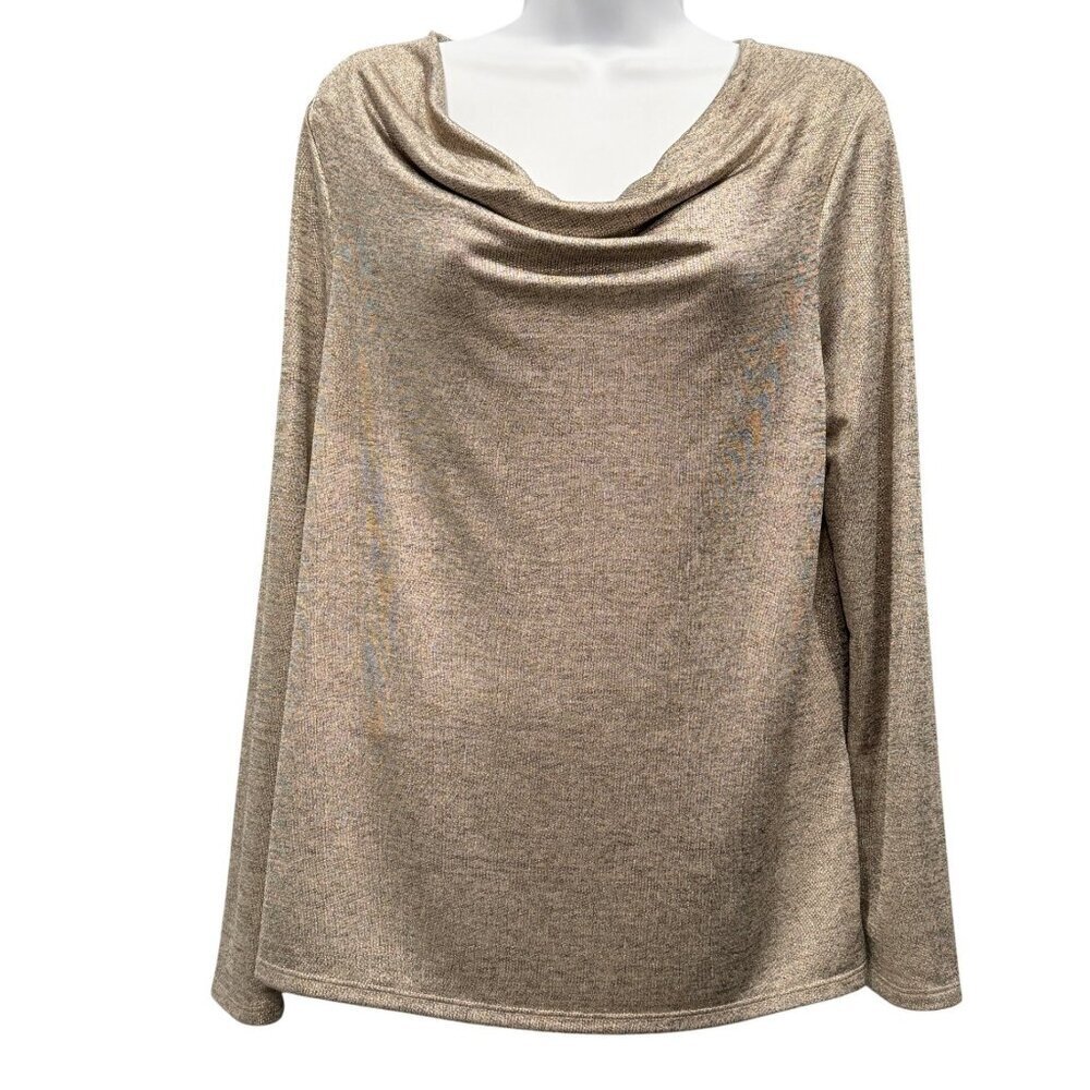 Chicos Metallic Marled Gold Cowl Drape Neck‎ Top Shimmer Holiday Work Top Size M